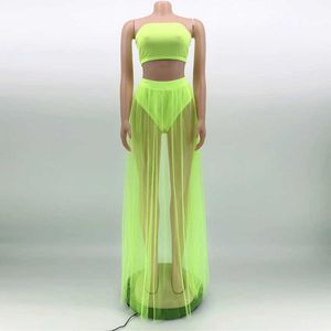 Mesh Summer Tweedelige Set Casual Neon Spaghetti Strapless Mouwloze Crop Tops Shorts 2 Stuks Suit Perspectief Outfit Tracksuit Y0702