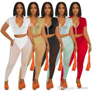 Mesh tracksuits 2 -delige set vrouwen crop top en pure yogabroek jogging pak 2022 designer kleding