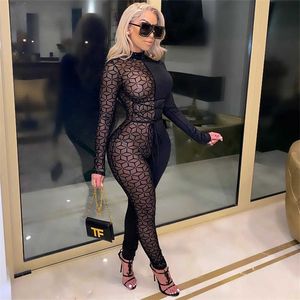 Mesh Turtleneck lange mouw zipper rompers hoge taille mesh perspectief sexy nachtclub jumpsuit panty voor vrouwen streetwear 210709