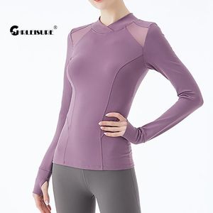 Mesh yoga top gevouwen kraag vinger kot sexy mooie rug sport lange mouw hardlopen ademende fitness blouses outfit