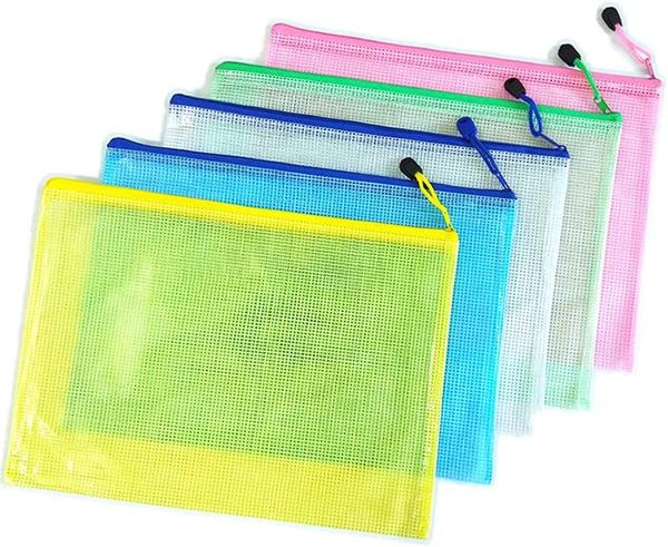 Pochette à fermeture éclair en maille Sac à documents Format lettre/A4 Dossiers zippés Enveloppes en plastique imperméables Dossiers pour fournitures de bureau scolaire Sacs de rangement de voyage Poches de fichiers