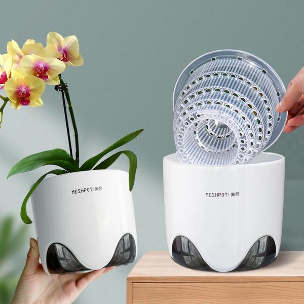 Meshpot 5inch 7 pouces Orchidées Pots avec trou Double couche Plastic imiter en céramique Orchidée Planteur Fournir une bonne circulation d'air 240419