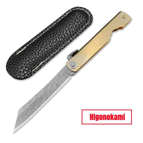 Messen 2023 manuel higonokami japonais couteau pliant damas damas en cuivre en acier poignée tactique de survie en plein air Edc Pocket Couteaux