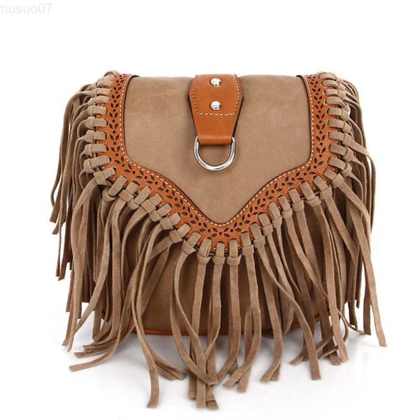 Bolsas de mensajero Bolso bohemio Boho Tassel Crossbody Bags para mujer Retro Scrub PU Cuero Bolso de hombro para mujeres Gitano Bohemio Bohemian Messenger Bag L230815