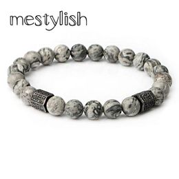 Pulseras de encanto Mestylish Luxury Cubic Zirconia Geométrico Hexágono Cuentas de latón Hombres Gris Onyx Pulsera de piedra Pulseira Masculina