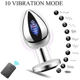 Metal 10 Frecuencia Vibrante masajeador de próstata masculino Control remoto Acero inoxidable Anal Plug Butt Sex shop Juguetes Vibrador para hombres 220520