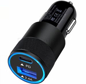 Aleación de metal 12W 3.1A Puertos USB duales Tipo C PD Cargador de coche Adaptadores de corriente para iPhone 7 8 11 12 Pro Max Samsung xiaomi