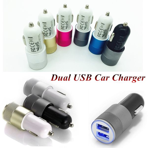 Cargador de coche USB dual de aleación de metal Luz LED 5V 3.1A Adaptador de carga de sincronización de 2 puertos Bullet Universal para iphone7 plus Samsung S7 HTC