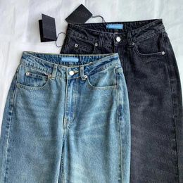 Jean-broek met metalen badge Dames Casual rechte jeans Vintage stijl blauwe jeans Lente zomer denim broek