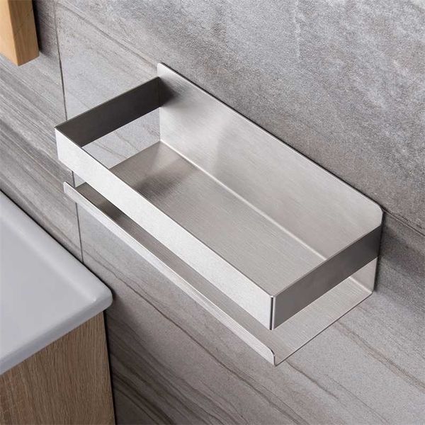 Estante de baño de metal Ducha de acero inoxidable No se requiere perforación Organizador de pared Montaje de pared Champú Rack Auto adhesivo Cocina 211112