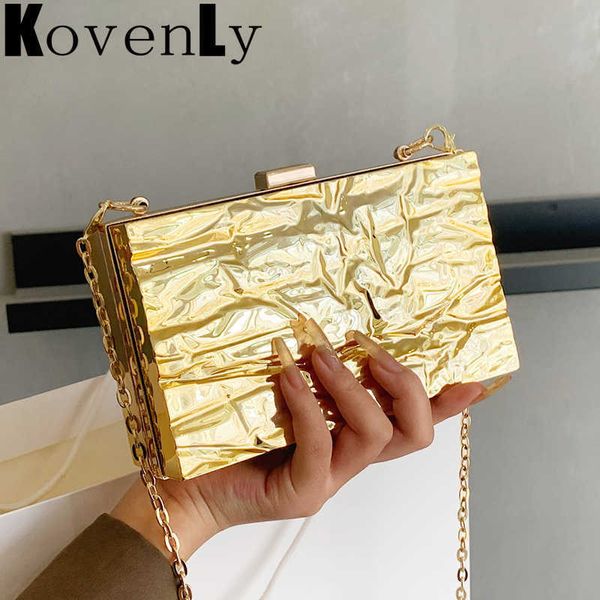 Bolsos de fiesta con caja de metal para mujer, bolso de mano de noche, bolso de mano brillante dorado y plateado, bolso de hombro tipo bandolera de lujo 230303