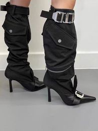 Bottes hautes à bout pointu avec boucle en métal pour femme, chaussures hautes, Sexy, noires, à talons hauts, avec poche, nouvelle collection hiver 2024