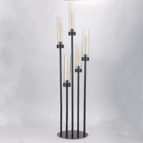 Portavelas de Metal 5 brazos candelabros negros mesa de boda centro de mesa candelabro soporte de pilar camino decoración de fiesta de plomo