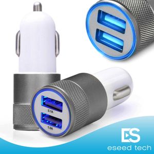 Metal 2 Ports Auto Charger 2.1A + 1A Auto Power Adapter Kleurrijke Micro USB-plug voor Samsung iPhone 12 13 GPS MP3 S8 S9 Android-telefoon met OPP-pakket