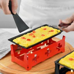 Metal Carbon Steel Mini Cheese Raclette Velas de recubrimiento antiadherente con espátula Cocina Bandeja para hornear calentado Manija plegable Pan