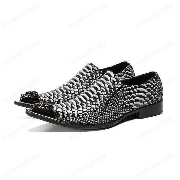 Zapatos de vestir de fiesta para hombre de talla grande con punta en pico tallados en metal, zapatos de moda para hombre de cuero genuino con patrón de piel de serpiente