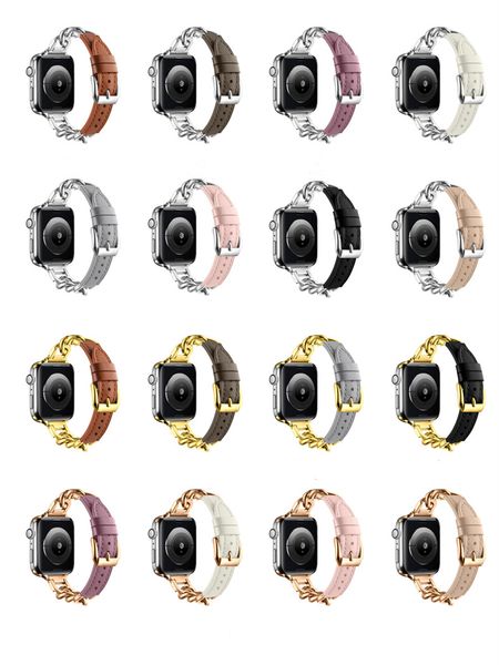 Correas de reloj inteligente de cuero con cadena de metal para Apple Watch Band 38 mm 40 mm 41 mm 42 mm 44 mm 45 mm 49 mm Correa de reloj de cuero genuino para mujer para iWatch Ultra SE Series 9 8 7 6 5 4 3 2 1