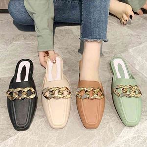 Metalen ketting slippers vrouwen schoenen 2021 zomer antislip vierkante teen beknopte dames muilezels schoenen mode elegante vrouwelijke schoenen nieuw