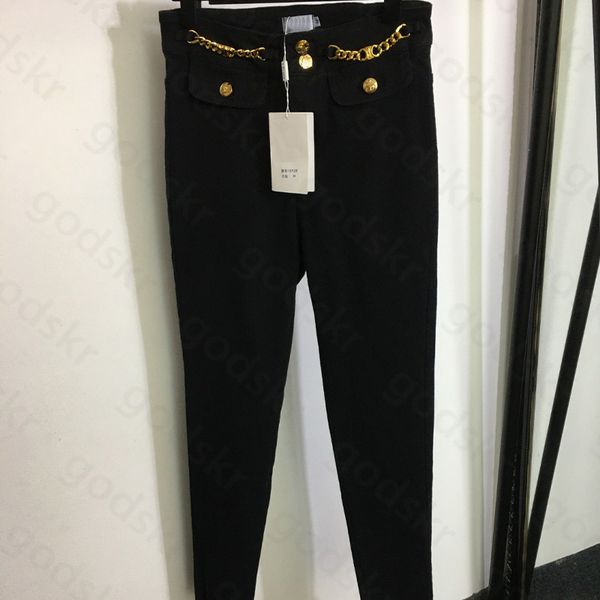 Chaîne en métal taille boucle jean femmes marque de mode taille haute jean slim bouton en métal pantalon