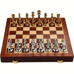 Juego de ajedrez de metal para adultos y niños, tablero de ajedrez de lujo con piezas de ajedrez, juego de madera de viaje con piezas de metal, tablero de ajedrez plegable 240111