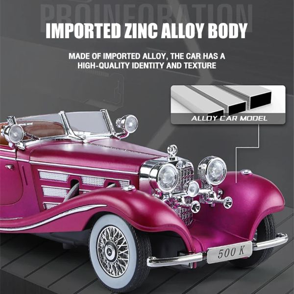 Metal Classic Cars Toys Scale 1/24 500k Vintage Car Diecast Alloy Model Gift For Boys Children Kids Toy Toy Véhicules Sound and Light
