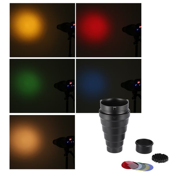 Snoot cónico de metal con cuadrícula de panal 5pcs kit de filtro de color para bowens studio strobe monolight fotografía flash