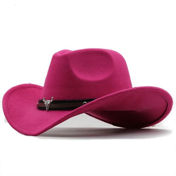 Tête de vache en métal étiquette chapeau de cowboy occidental pour femmes hommes enfants automne fausse laine Fedora chapeaux Cowgirl feutre casquette robe de soirée haut de forme 240108