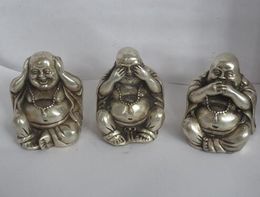 Artisanat en métal à collectionner, argent tibétain sculpté "3 pas voir dire entendre", Figurine de bouddha/Statue de bouddha tibétain, expédition rapide