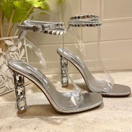 Ornement en cristal en métal sandales à bride à la cheville talon aiguille chaussures à talons hauts pour femmes chaussures de soirée à bout ouvert miroir en cuir de veau designer de luxe facto10.5cm