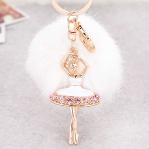 Metalen schattige ballet-dansen-engel sleutelhangers pluizig-pompom sleutelhanger konijn-bont-bal pompon vrouwen tas auto hanger sleutelring sieraden G1019