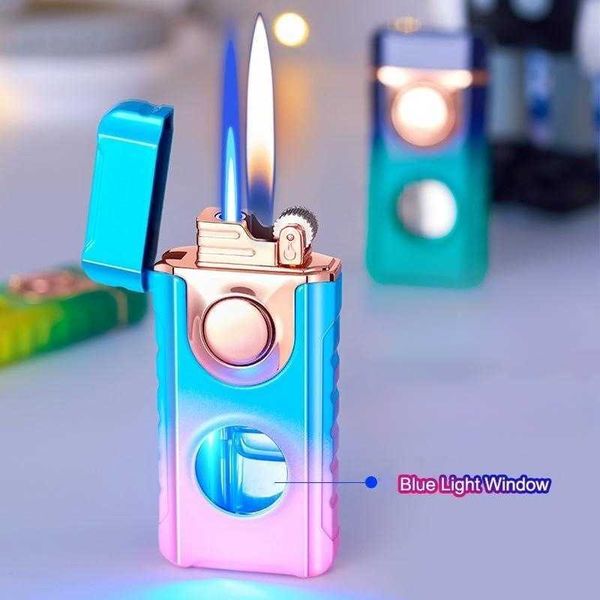 Briquet à Double flamme en métal Butane sans gaz, lumière bleue créative LED, fenêtre transparente, meule d'allumage, accessoires de fumée G6AI