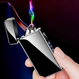 Encendedor de pulso de doble arco USB de Plasma eléctrico de Metal, pantalla LED para exteriores, encendedor de cigarrillos de pulso sin llama a prueba de viento, regalo para hombres