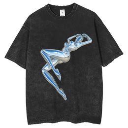 Camiseta con estampado de robot femenino de metal, camiseta lavable de manga corta de marca de moda de calle para hombres mayores, ancha