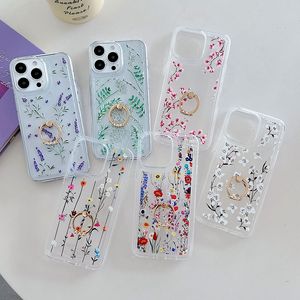 Étuis de support de bague en métal pour iPhone 15 Plus 14 Pro Max 13 12 11 mode Transparent clair Floral mode élégant fleur souple TPU antichoc téléphone couverture arrière peau