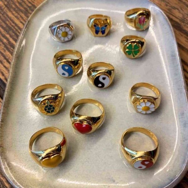 Métal fleur coeur anneau plante empilage anneau mode coréenne Signature cercles femmes filles bijoux cadeaux pour amis en gros G1125