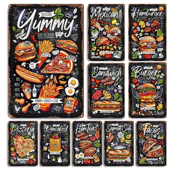 Metal Food Metal Painting Poster Hamburger Sandwich Pizza Vintage Yard Garden Wall Art Plates Cocina Restaurante Cafetería Decoración 20 cm x 30 cm Woo