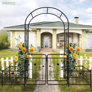 Metalen tuinbogen met poort 79.5 '' x 86.6 '' klimplanten ondersteunen Rose Clematis Arch Plant Frame buiten zwart