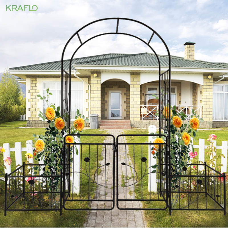 Metal Garden Arches with Gate 79.5'' x 86.6'' Climbing Plants Support Rose Clematis Arch plant frame Outdoor Black