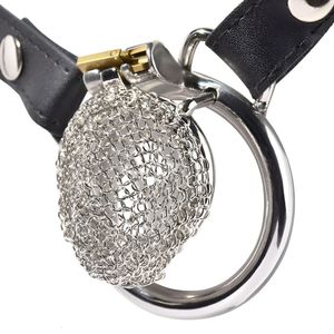 Dispositif de Cage de chasteté en gaze métallique, avec ceinture en PU, culotte en acier inoxydable, serrure à coq, jouets sexuels BDSM