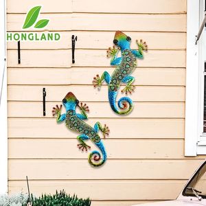 Metalen gekko wanddecoratie hagedis tuinkunst hangende glazen sculptuur binnen en buiten terras hek 3 kleuren 2 stuks 240229
