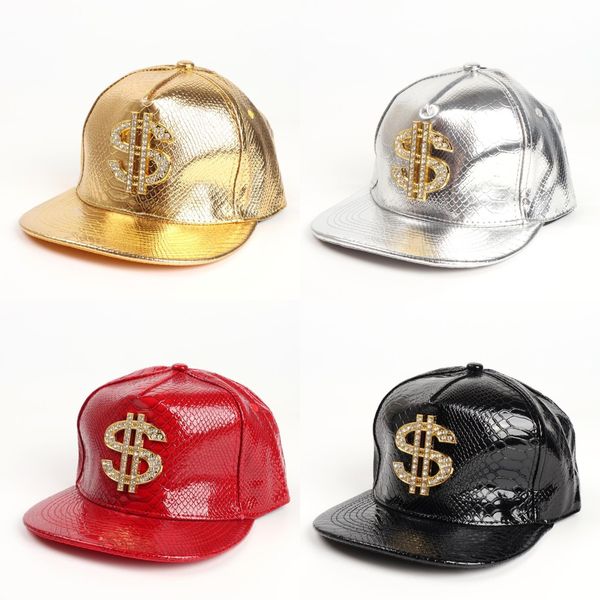 Casquette de baseball en métal style dollar doré pour hommes casquette hip-hop en cuir réglable Snapback chapeaux pour hommes et femmes