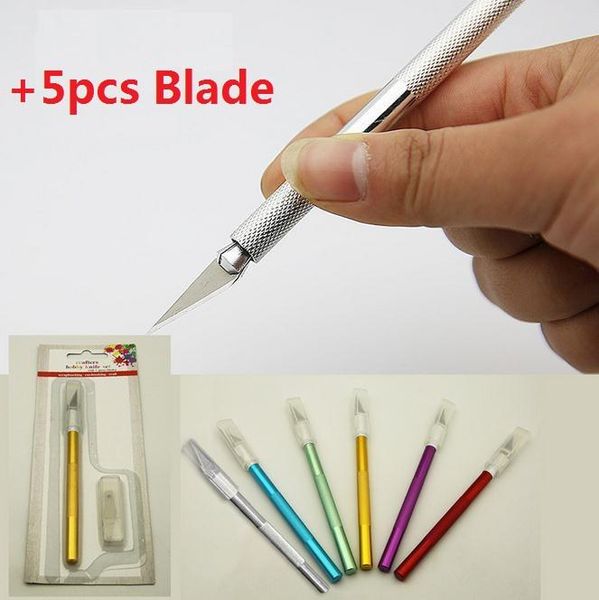 Couteau de passe-temps à poignée en métal/couteau de coupe/couteau artisanal/coupe-stylo + ensemble de couteaux à lame 5 pièces pour outil de bricolage de réparation de téléphone PCB b807