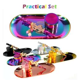 Metal Herb Nieuw Smoking gelanceerd Set Grinder Rainbow Rolling Tray Bling Blunt Holder Shining Rainbow Kit FY3791