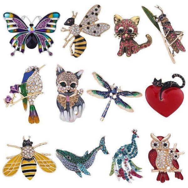 Métal incrusté diamant hibou broche dessin animé chat abeille broche cristal papillon cou broche accessoires féminins