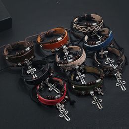 Metal Jesus Cross Charm Blacelet Wood kralen snaar verstelbare meerlagige wrap lederen armbanden Bangle manchet voor vrouwelijke mannen mode sieraden wil en zandig