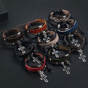 Metal Jesus Cross Charm Blacelet Wood kralen snaar verstelbare meerlagige wrap lederen armbanden Bangle manchet voor vrouwelijke mannen mode sieraden wil en zandig