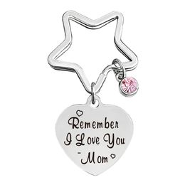 Keychain en métal, cadeau de vacances en famille en forme de coeur en diamant rose, porte-clés gravés en acier inoxydable de la fête des mères