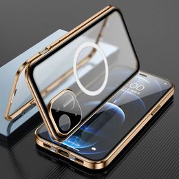 Coque magnétique en métal pour iPhone, compatible modèles 15, 14, 13, 12, 11 Pro Max, chargement sans fil, verre scellé à 360 °, protection antichute