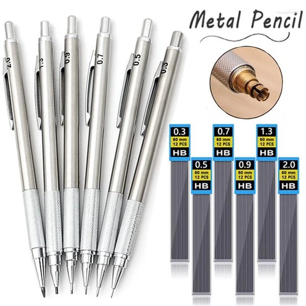 Juego de portaminas de Metal HB con recarga de plomo, dibujo automático, 0,3, 0,5, 0,9, 1,3, 2,0mm, papelería para estudiantes