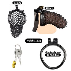 Mesh en métal mâle chasteté Cage en acier inoxydable Dispositif de chasteté noir pour les hommes avec une ceinture de chasteté confortable à cage verrouillée à la cage verrouillée à 2 coqs (noir M)